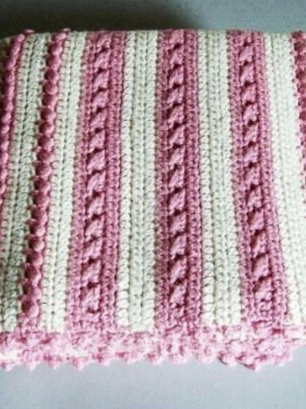 Crocheted Afghan: Pink & Cream Cable Stitch Blanket Throw (52 x 58